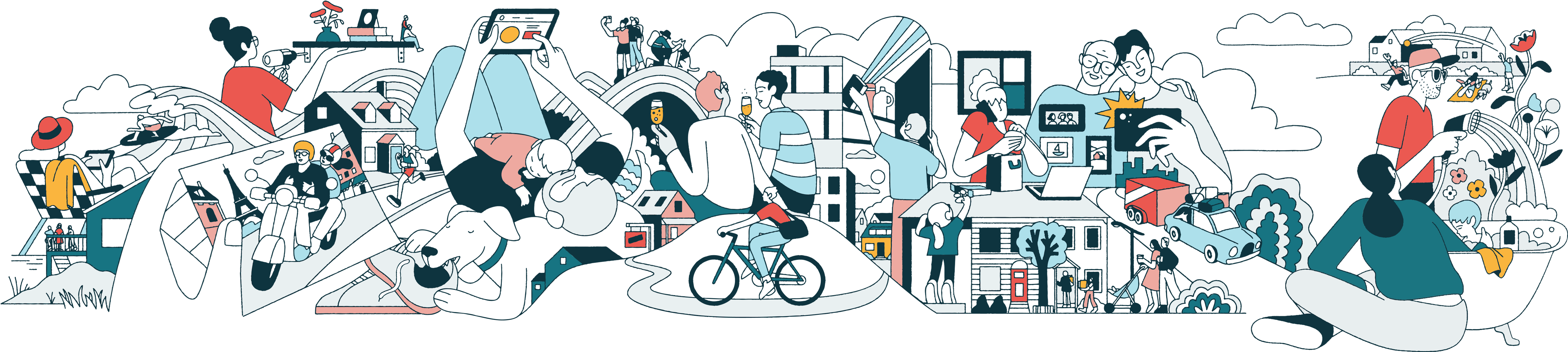 Illustration by Cristopher DeLorenzo for Bestow portraying people engaged in everyday activities