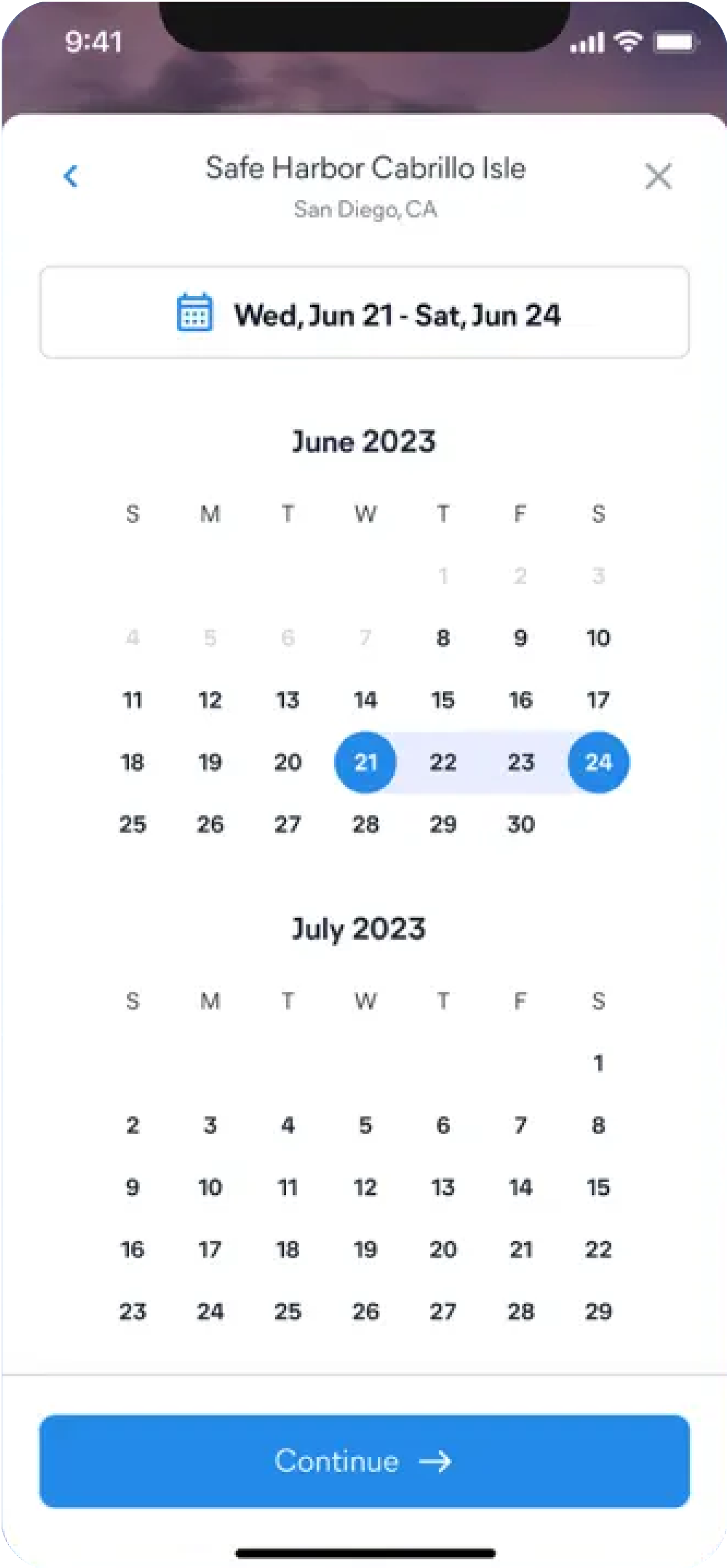 Screenshot of calendar view shown when making a reservation in the Dockspot app.