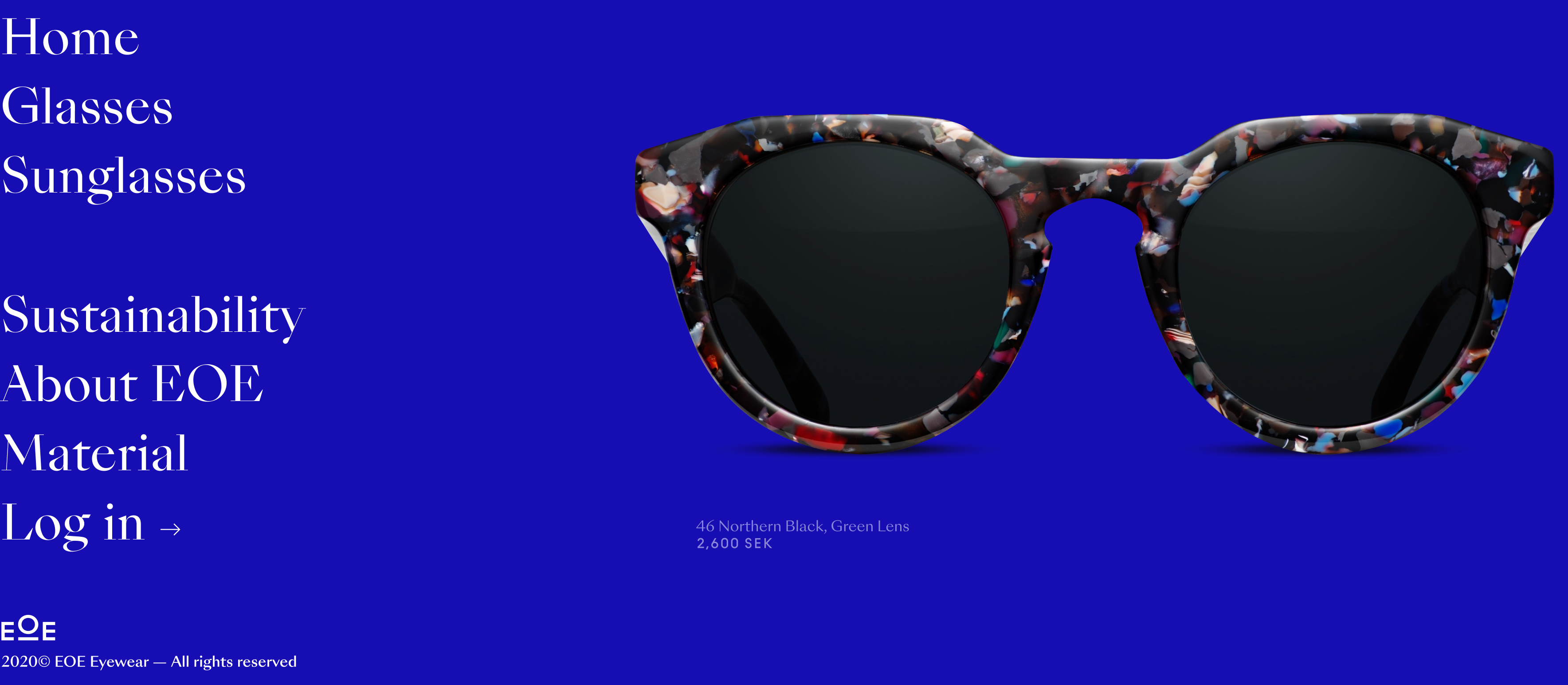 EOE Eyewear page footer with a featured product on display
