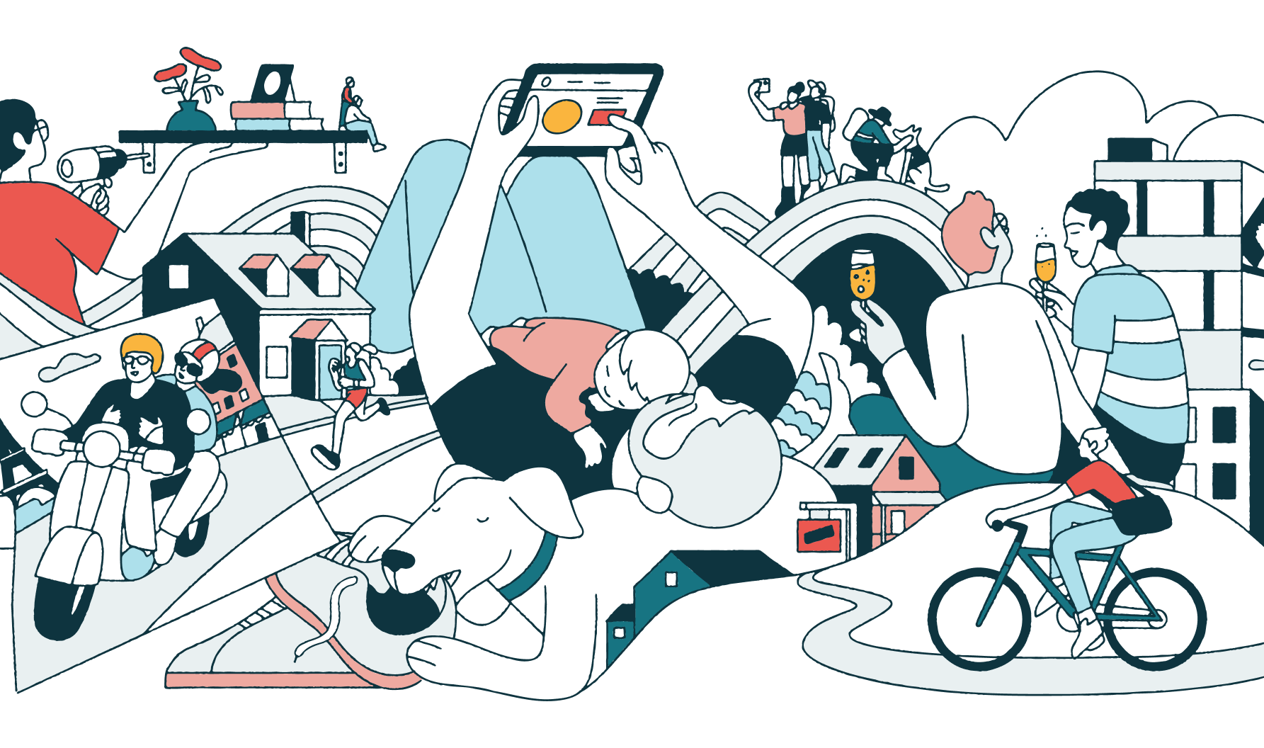 Illustration by Cristopher DeLorenzo for Bestow portraying people engaged in everyday activities