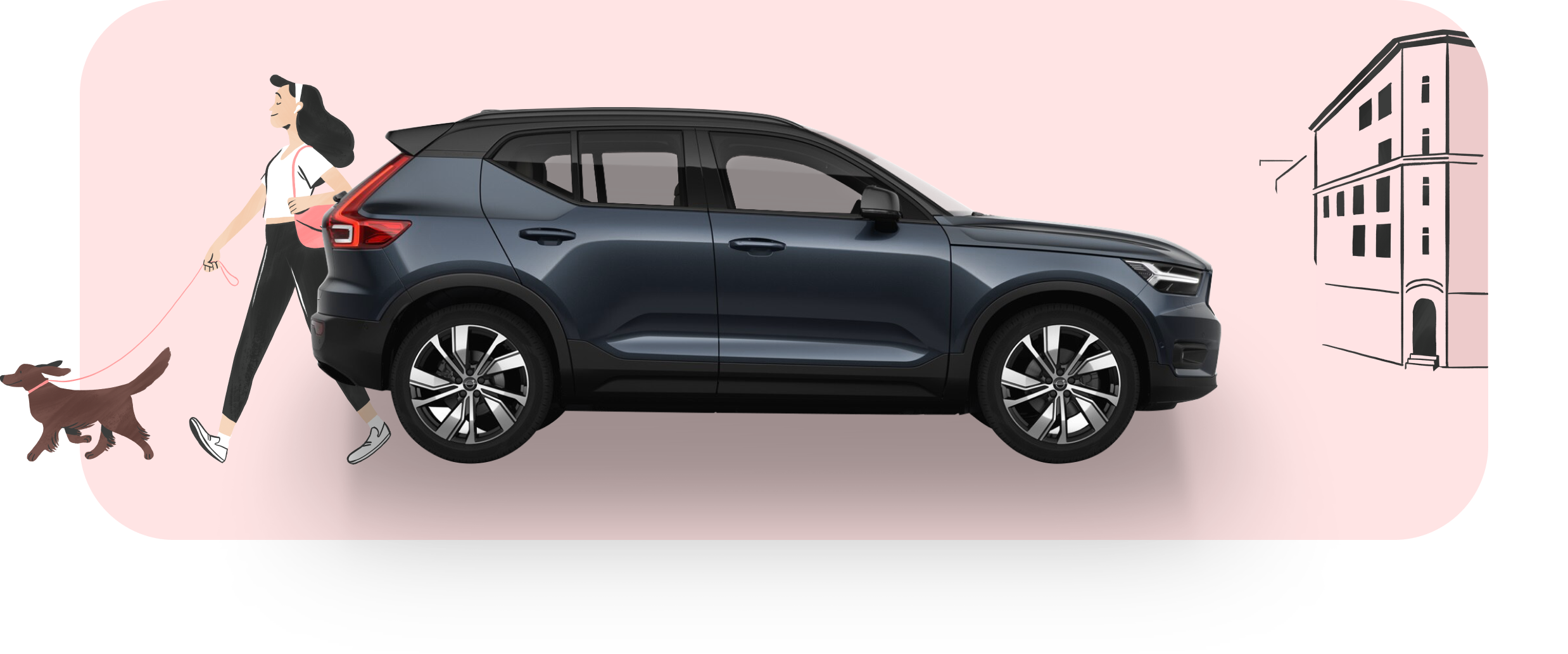 Image of a Volvo XC40 on display using the updated Volvo On Demand brand guidelines utilizing both illustration and animation