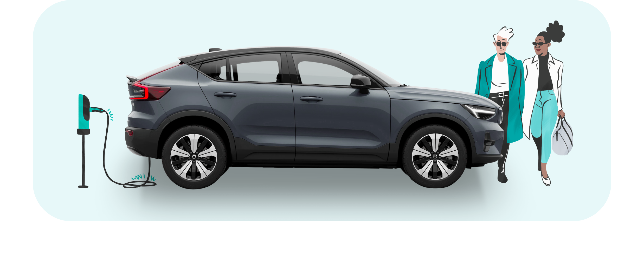 Image of a Volvo C40 on display using the updated Volvo On Demand brand guidelines utilizing both illustration and animation